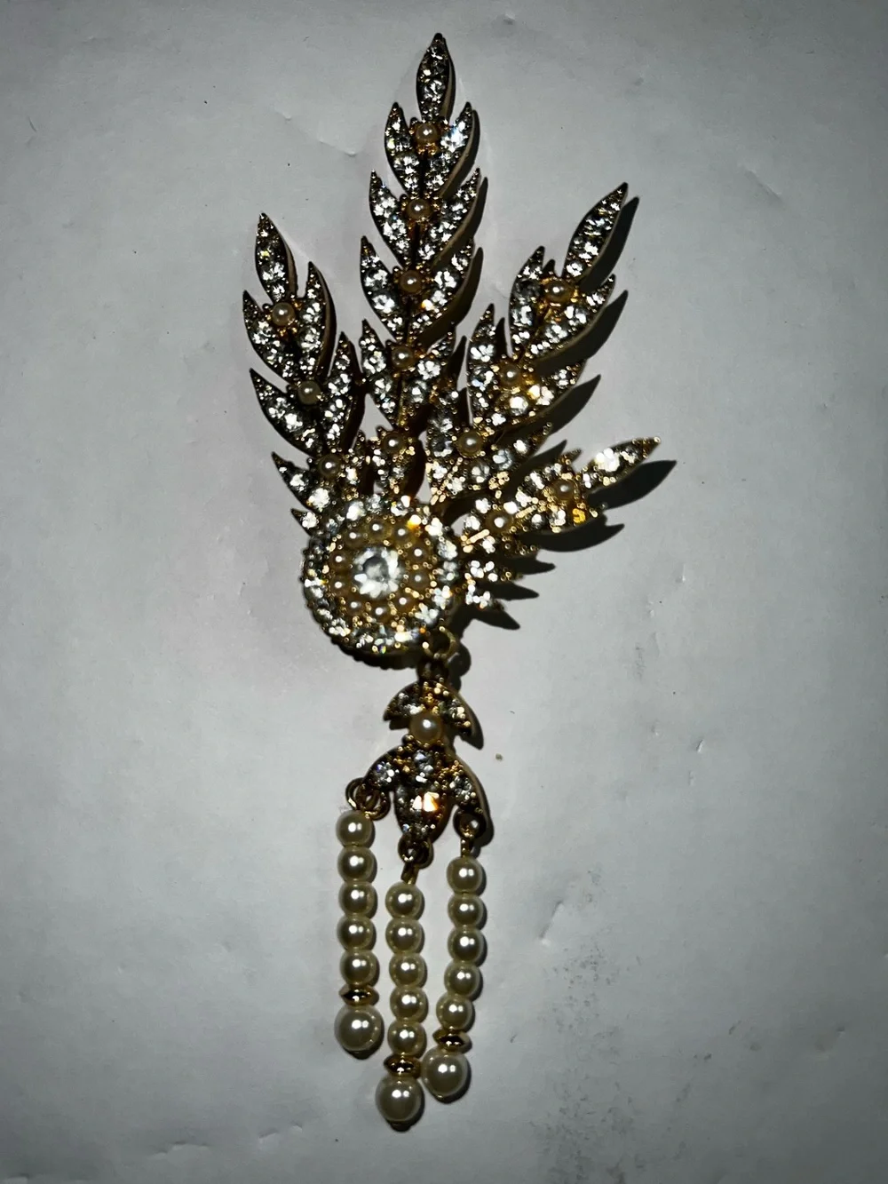 Gold-Tone Pearl & Crystal Feather Statement Brooch